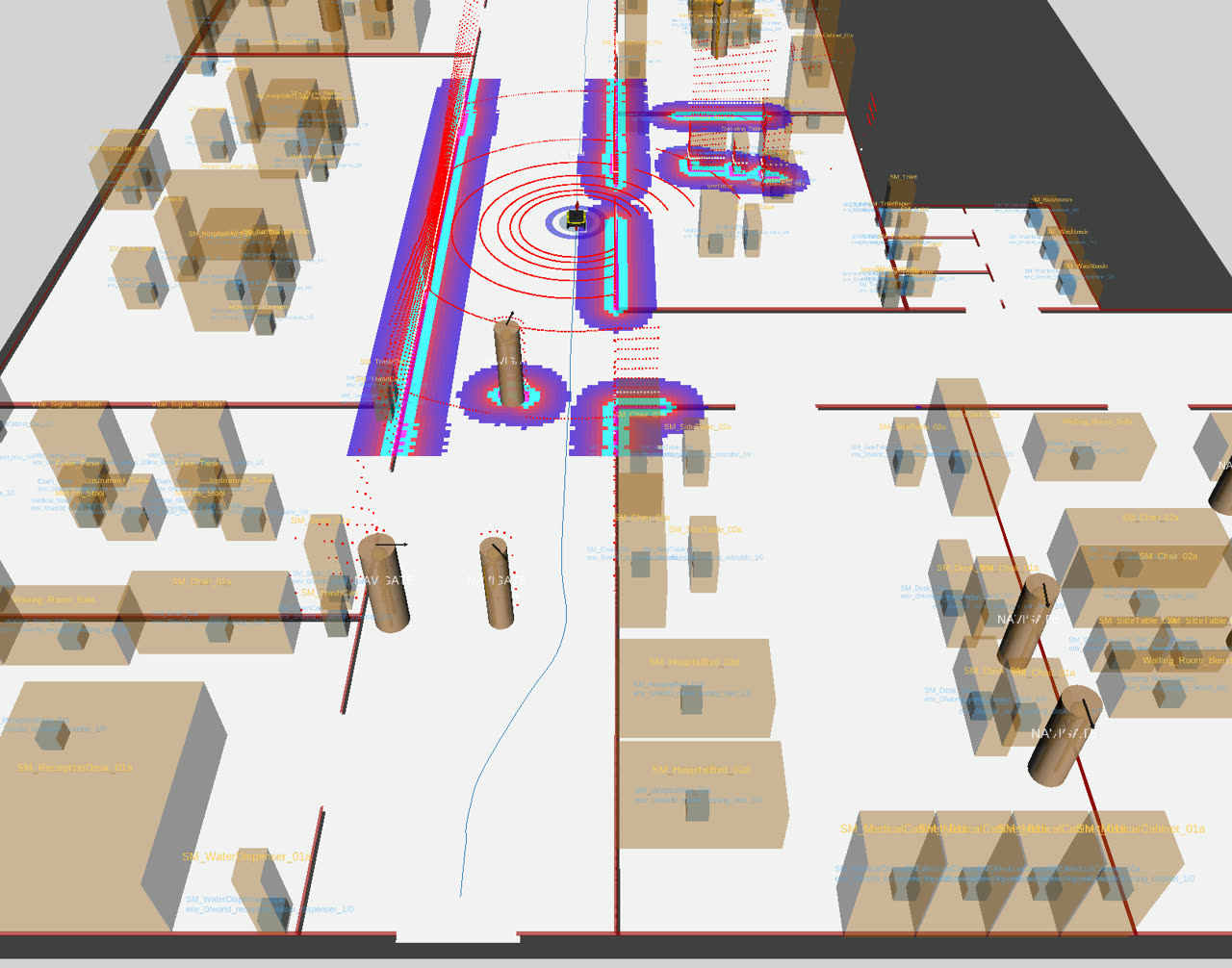 flatsim scene in RViz with costmaps and lidar